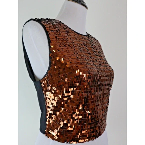 Ali & Jay Size L Disco Ball Copper Sequin Crop Top Black Zip Back - Picture 8 of 13